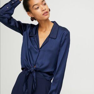 Aritzia Long Sleeve Silk Tie Blouse | Navy (Size L)